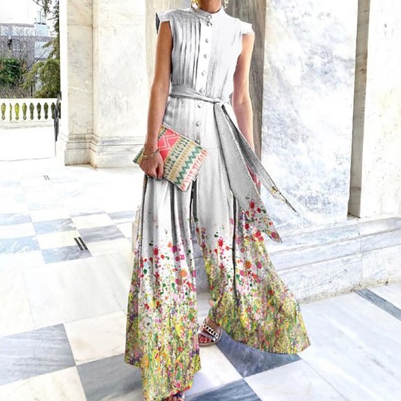 Retro Print Lady Belted Jumpsuit - Picture 1 of 3